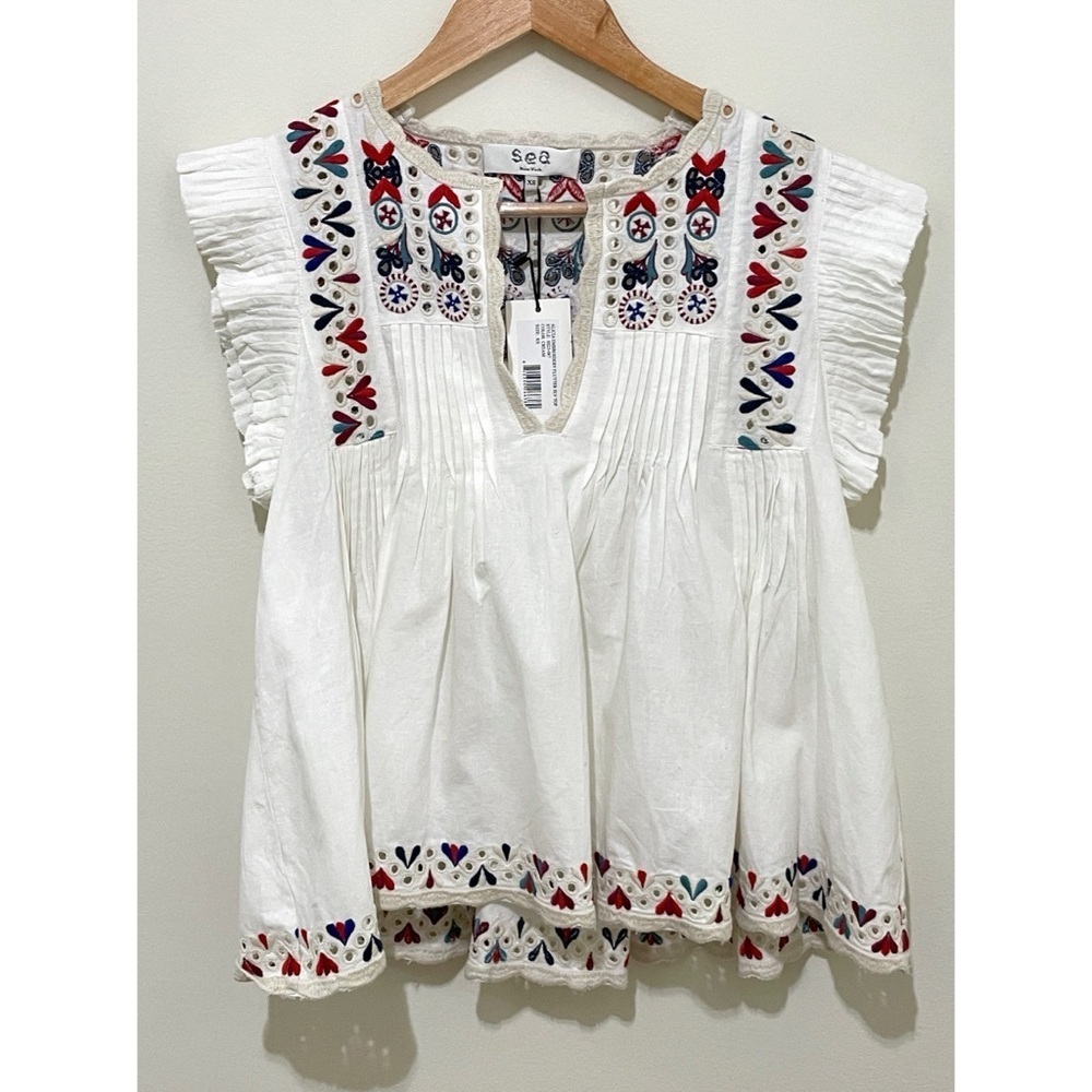 NWT Sea New York Women's Top Size XS Embroidered Flutter Sleeve Top